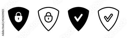 Security shield icons. Lock security and protection approve. Security shields with check mark and padlock. Safety icon. Access protect shield icons. Vector illustration.