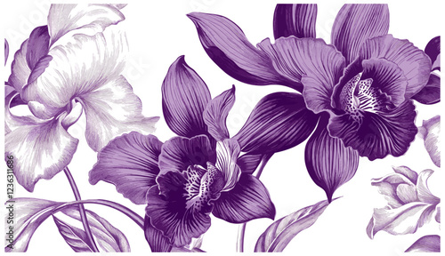 Deep purple and white 2090s Orchid flowers, intricately rendered in a vintage engraving style, capturing elegance and grace with intricate details, perfect for adding sophistication to any space.