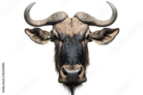 Wildebeest with its rugged features on a white background, ideal for safari themes