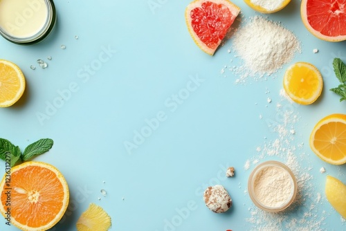 Citrus Fruits and Baking Ingredients on Blue Background