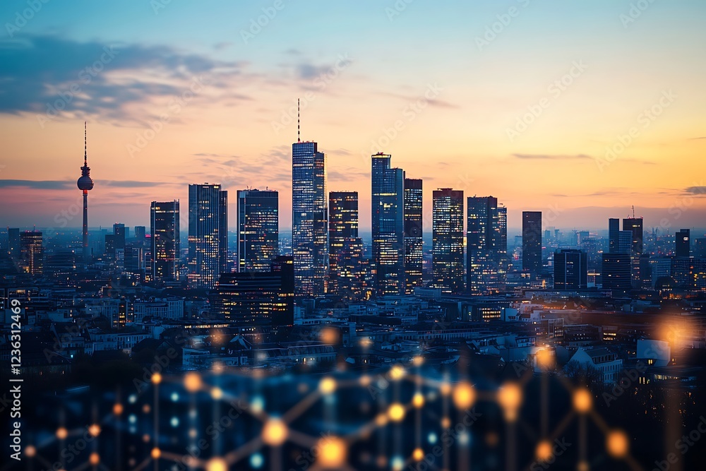 Obraz premium A city skyline at sunset with illuminated buildings and a communication tower.