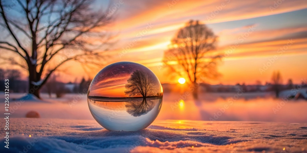 Obraz premium A crystalline sphere captures the serene beauty of a winter sunset, reflecting the tranquil landscape and the fiery hues of the sky.