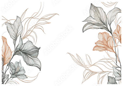 Exotic flowers in line art, hand-drawn botanical decoration for luxury background, wallpaper, print, and packaging design.