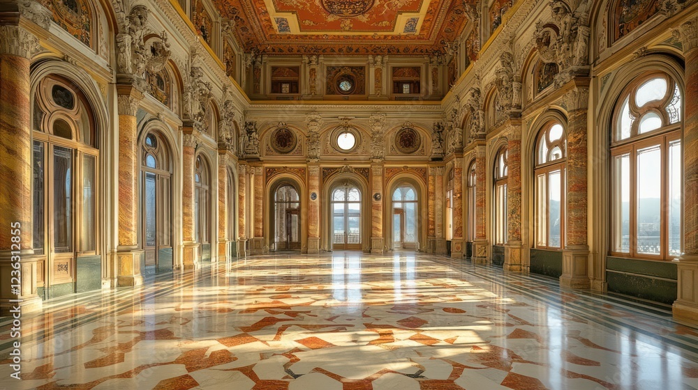 Obraz premium Sunlit palace hall, marble floor, arched windows, mountain view, event venue
