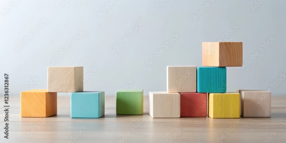 Colorful Wooden Blocks Arranged in a Unique Structure, Representing Growth, Progress, and Building a Foundation Colorful Wooden Blocks Arranged in a Unique Structure, Representing Growth, Progress, and Building a Foundation