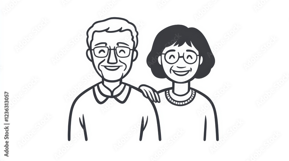 Happy Senior Couple Smiling Together in Simple Line Art Style Happy Senior Couple Smiling Together in Simple Line Art Style