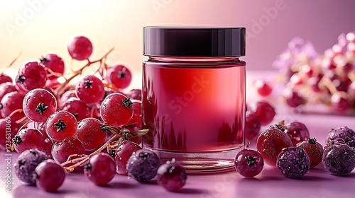 Red currant extract jar, beauty product, pink background, cosmetic ad