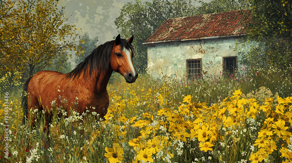 Chestnut horse in wildflower meadow, rustic house background, idyllic rural scene Chestnut horse in wildflower meadow, rustic house background, idyllic rural scene