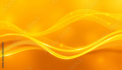 Abstract waves, golden honey texture, flowing liquid, amber glow, warm tones, luminous ribbons, shimmering particles, smooth curves, radiant yellow background, undulating shapes, glossy surface, vibra