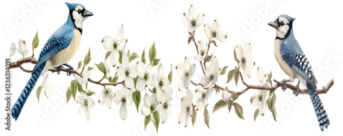 Blue jay perched on a flowering dogwood branch in an antique botanical drawing, vintage bird and floral art with soft natural tones.