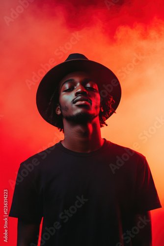 Portrait of single isolated young african hipster guy dancing in trendy hat and black t-shirt in nightclub over red smoky background