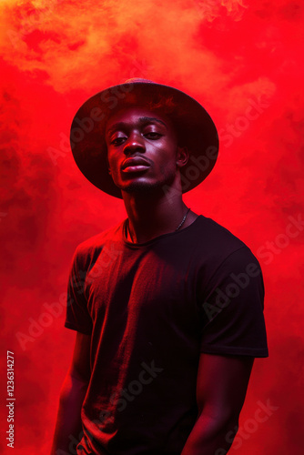 Portrait of single isolated young african hipster guy dancing in trendy hat and black t-shirt in nightclub over red smoky background