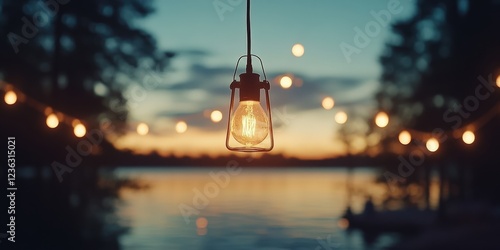 Fototapeta Naklejka Na Ścianę i Meble -  Illuminated hanging bulb with sunset and a lake backdrop with blurred string lights.