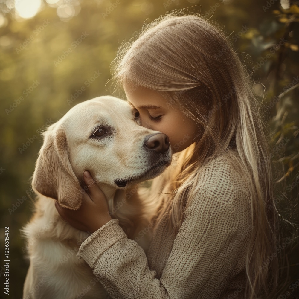 Girl Shares a Tender Moment With Her Golden Retriever in a Cozy Setting During the Evening Hours Girl Shares a Tender Moment With Her Golden Retriever in a Cozy Setting During the Evening Hours