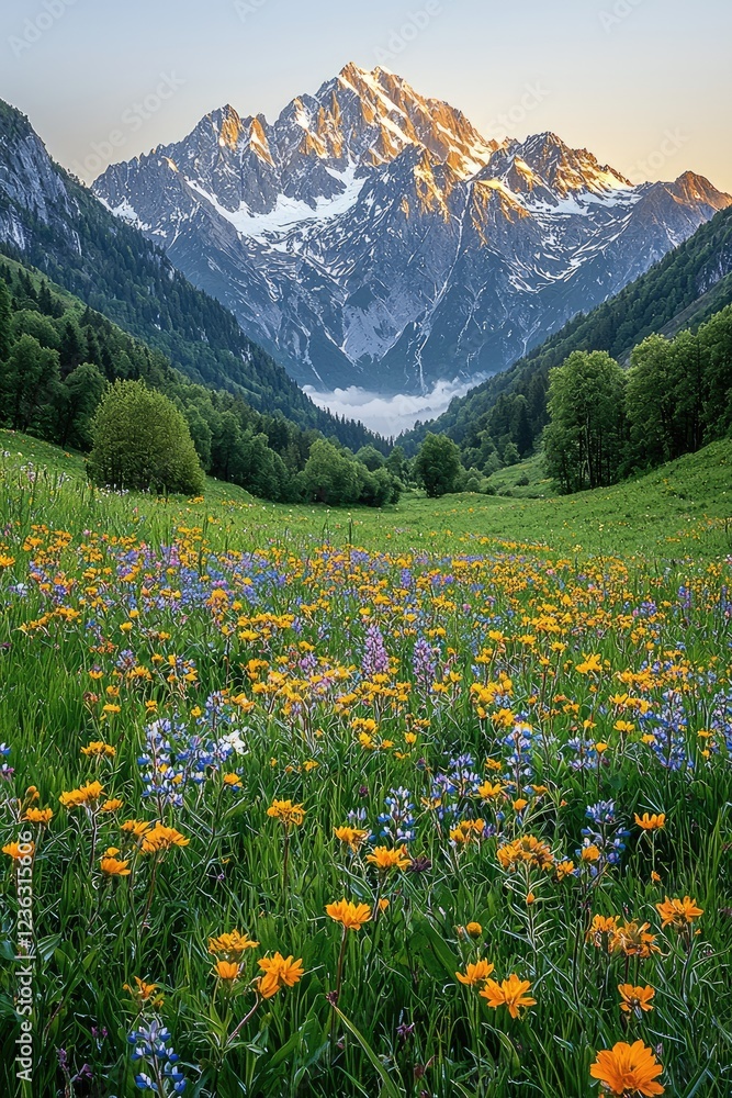 Fototapeta premium Majestic Mountain Sunrise Over Wildflower Meadow