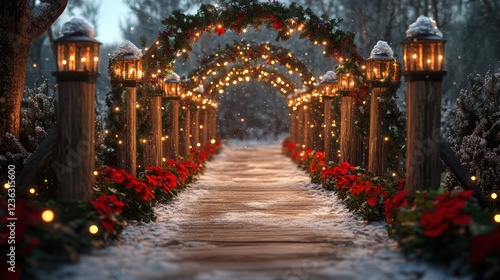 Festive Winter Pathway Snowy Wood Bridge, Christmas Lights, Holiday Card