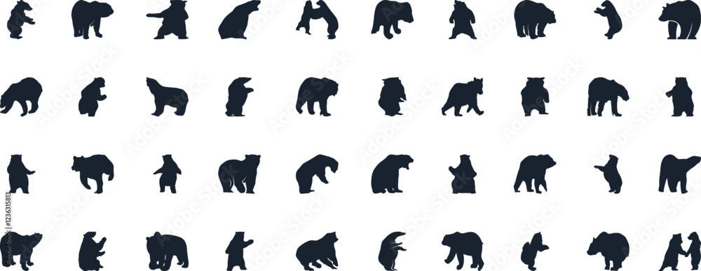 Obraz premium Bear silhouette, various poses of bear, standing, walking, sitting, wildlife, nature, animal, black, outline, wild, mammal, grizzly bear collection