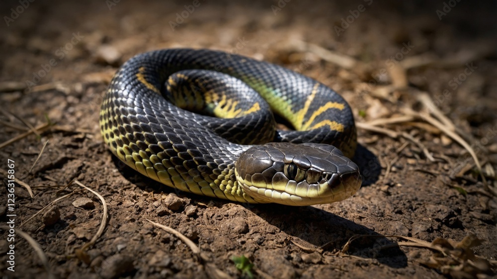 Close-up of a Black-and-Yellow Snake on the Ground Close-up of a Black-and-Yellow Snake on the Ground