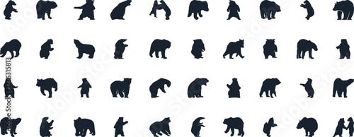 Bear silhouette, various poses of bear, standing, walking, sitting, wildlife, nature, animal, black, outline, wild, mammal, grizzly bear collection