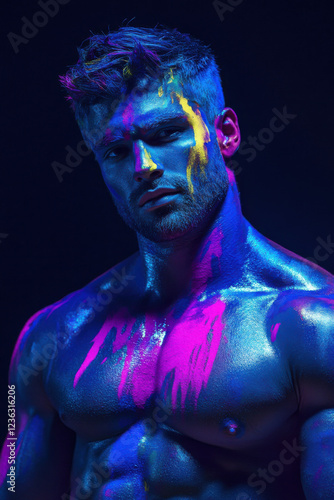Young man painted in fluorescent paint on face and muscular torso, in studio shot with UV light
