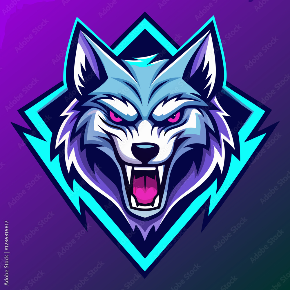 Fototapeta premium A fierce and modern e-sports logo featuring a roaring cybernetic wolf head with neon blue and purple highlights, sharp angular lines, and a bold