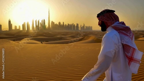 Saudi man in the desert of Dubai, City Skyline in the desert