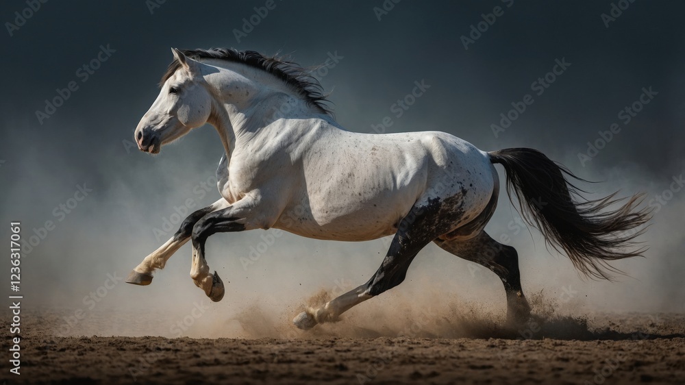 Obraz premium White Horse Running,Dust,Dynamic Pose