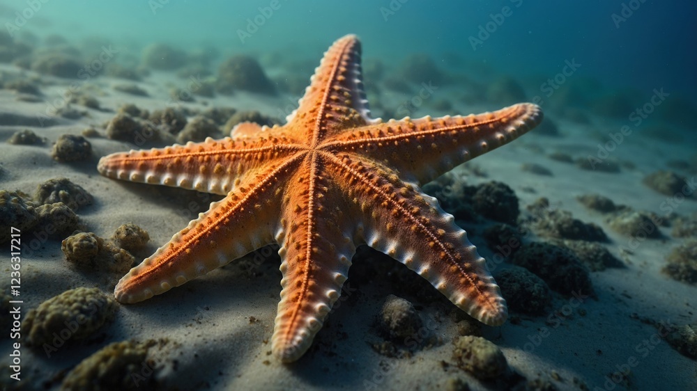 Orange Starfish on Sandy Seabed Orange Starfish on Sandy Seabed