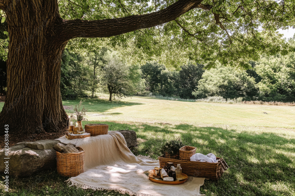 Country picnic setup under a tree with blankets and baskets