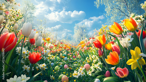 Wallpaper Mural A whimsical garden bursting with vibrant tulips and daffodils in gentle hues, where delicate Easter eggs peek from lush greenery under a radiant spring sky Torontodigital.ca