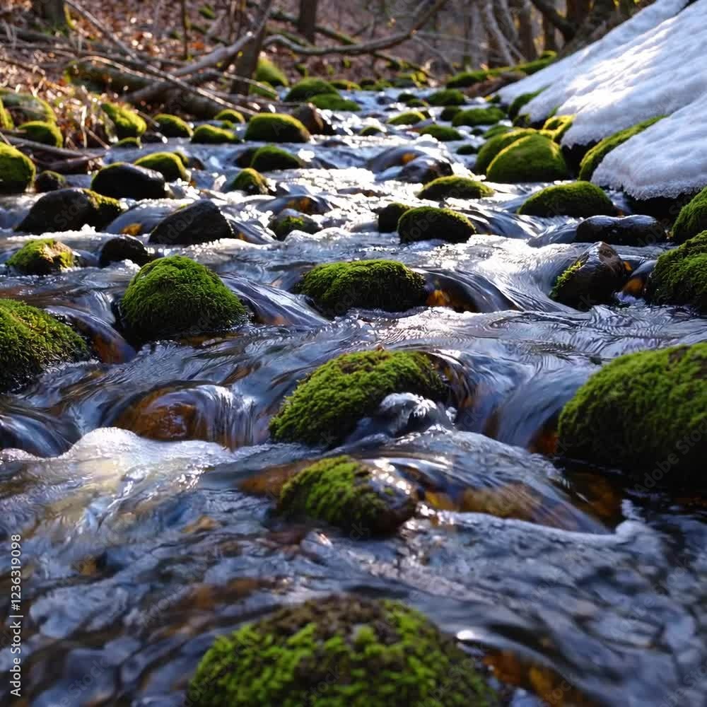 Mountain stream flowing over moss-covered rocks, with patches of snow beside it. Mountain stream flowing over moss-covered rocks, with patches of snow beside it.