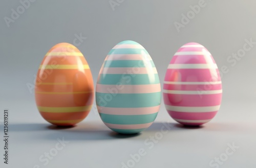 colorful glossy easter eggs with striped patterns on neutral background concept of easter decoration, festive celebration, spring season. copyspace