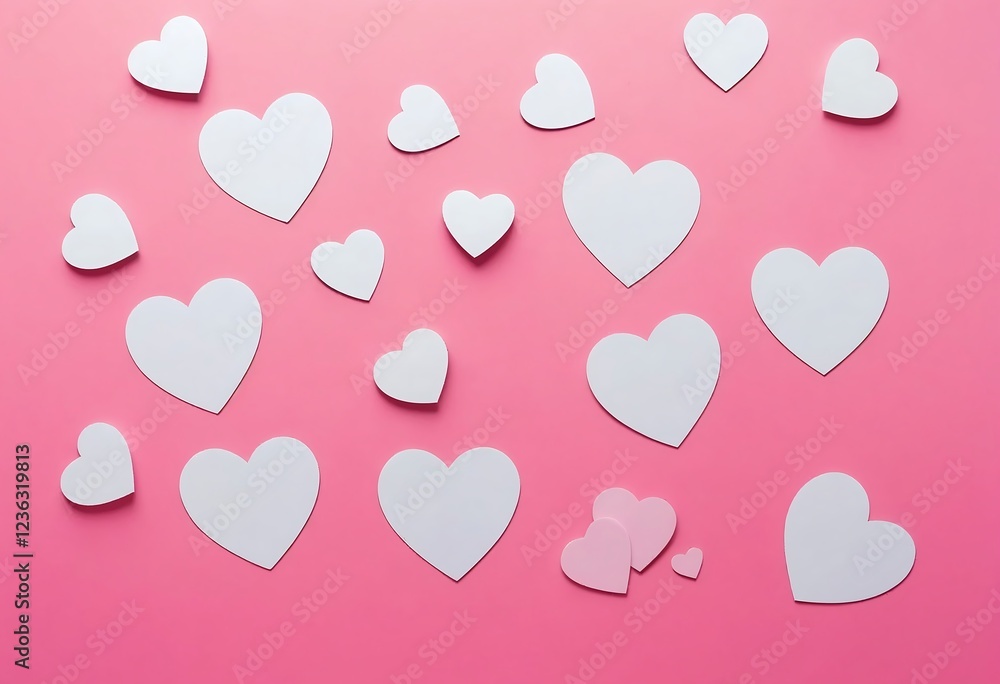 White and pink paper hearts scattered on a pastel pink background, creating a romantic and whimsical atmosphere. White and pink paper hearts scattered on a pastel pink background, creating a romantic and whimsical atmosphere.