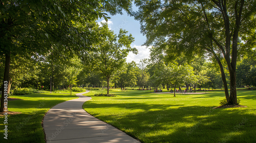 A vibrant and spacious green park with cycling paths, picnic areas, and lush trees, creating a serene and eco-conscious outdoor experience. A vibrant and spacious green park with cycling paths, picnic areas, and lush trees, creating a serene and eco-conscious outdoor experience.