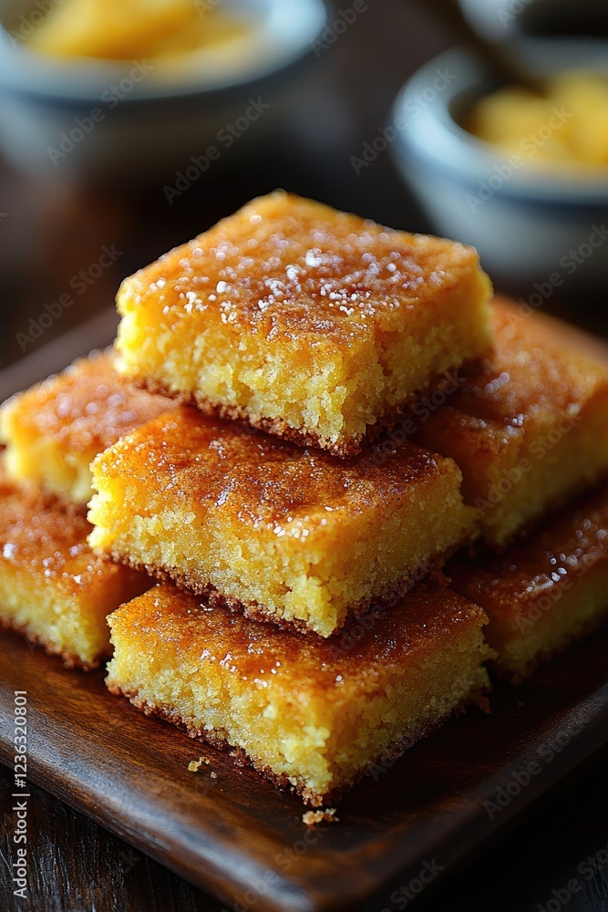 Delicious golden squares of sweet dessert stacked on a wooden plate with blurred bowls in the background Delicious golden squares of sweet dessert stacked on a wooden plate with blurred bowls in the background