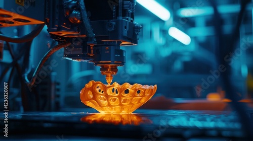 Advanced D printing technology creating an intricate orange object, showcasing innovation and precision in a modern industrial setting photo