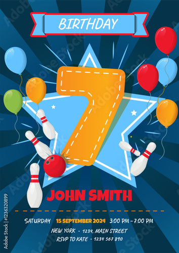 Children's 7th Birthday Invitation Card Featuring Bowling Ball and Pins - Vector Illustration