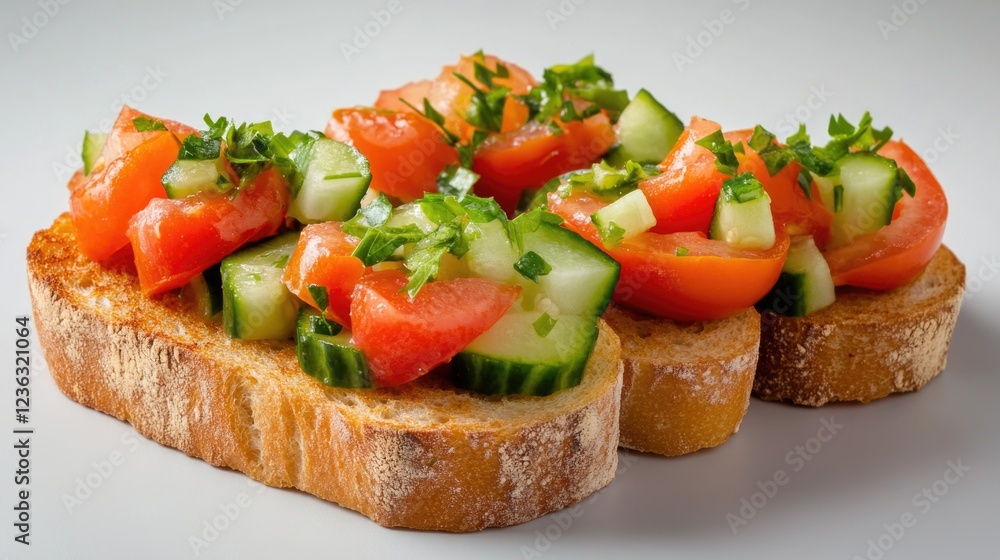 A refreshing bruschetta appetizer with tomatoes, cucumber slices, herbs, and pesto. A refreshing bruschetta appetizer with tomatoes, cucumber slices, herbs, and pesto.