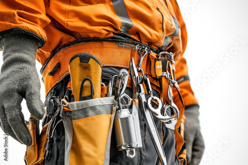 Close-up of a worker’s tool belt with safety tools on a white background, highlighting preparedness