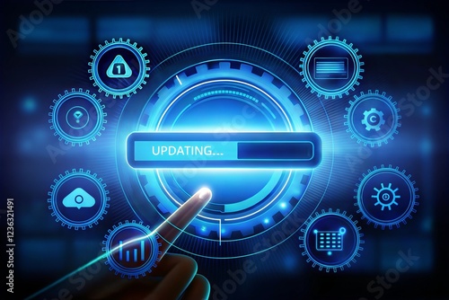 Futuristic software update interface with glowing progress bar. Software update application technology concept, Operating system, patch update, Improved security