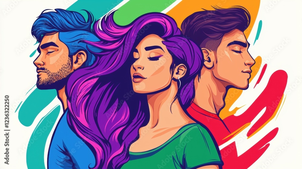 A vibrant illustration featuring three individuals with colorful hair, expressing confidence and style against a dynamic backdrop of swirling colors.