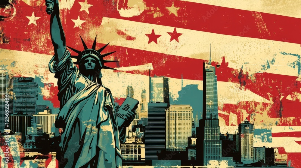 Fototapeta premium Celebration of Freedom and Unity With Diverse Silhouettes Under a Vibrant, Patriotic Backdrop Featuring American Flags and Bright Colors