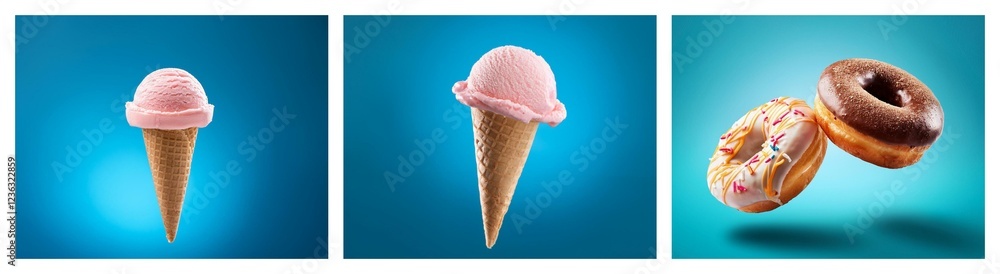 A vibrant image showcasing delectable treats: ice cream cones and donuts. Sweet, colorful, and tempting desserts. A vibrant image showcasing delectable treats: ice cream cones and donuts. Sweet, colorful, and tempting desserts.