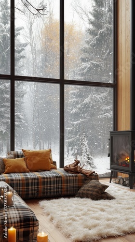 Cozy Winter Retreat Featuring a Warm Fireplace and Snowy Landscape Through Large Windows