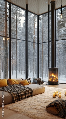 Cozy Winter Retreat Featuring a Warm Fireplace and Snowy Landscape Through Large Windows