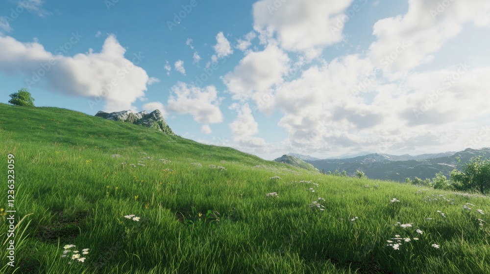 Fototapeta premium Lush Green Meadow with Rolling Hills and a Cloudy Sky Serene Landscape