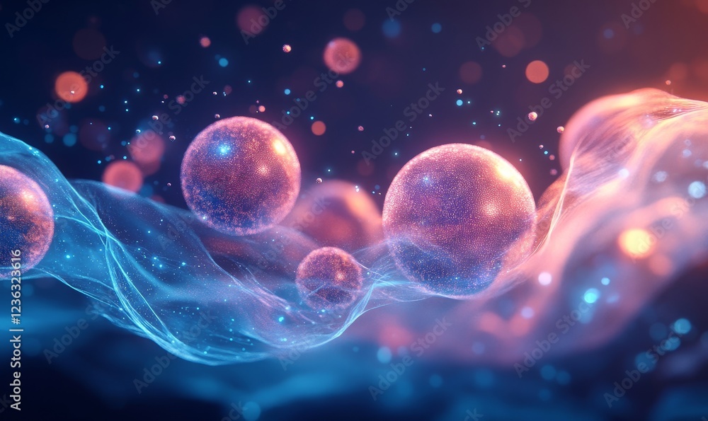 Low-poly spheres floating in dynamic waves of light, Generative AI Low-poly spheres floating in dynamic waves of light, Generative AI