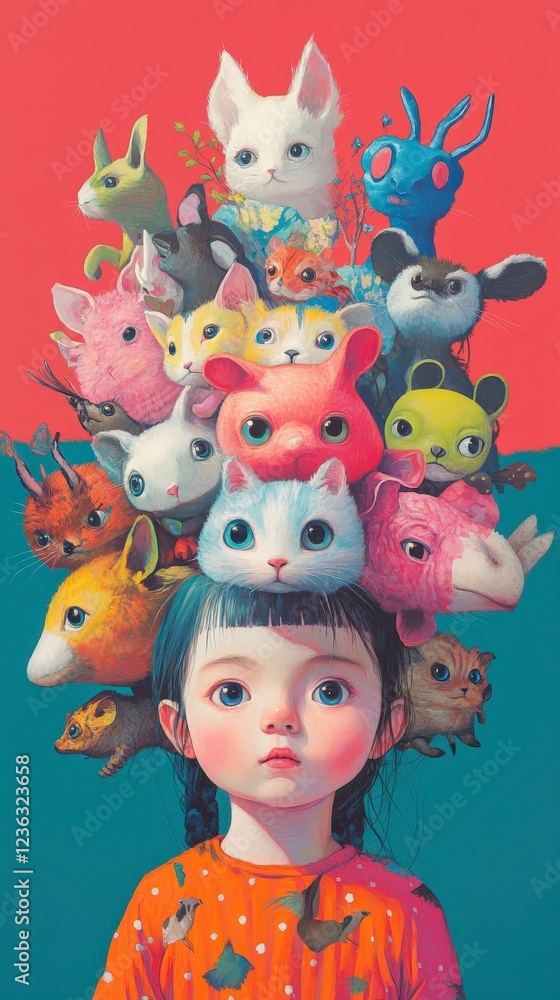 Naklejka premium Girl Surrounded by Colorful Cartoon Animals on Vibrant Background