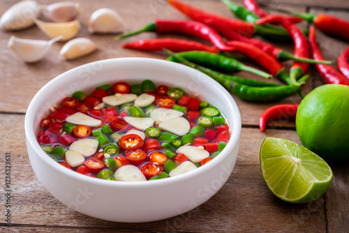 Chili with fish sauce in white bowl..