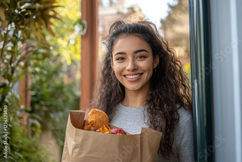 Happy latin woman receiving a food delivery order in a brown paper bag at the doorway of her home